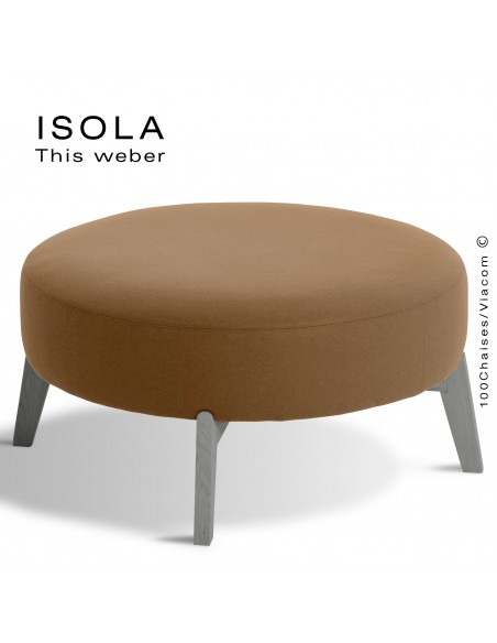 Pouf ISOLA-90, piétement bois peint gris, assise garnie habillage tissu crème