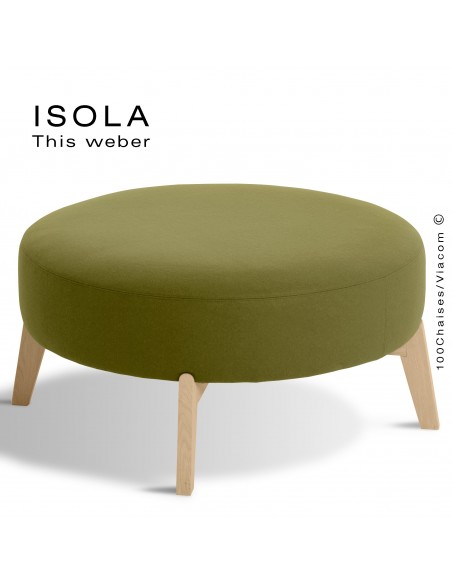 Pouf ISOLA-90, piétement bois teinté naturel, assise garnie habillage tissu vert