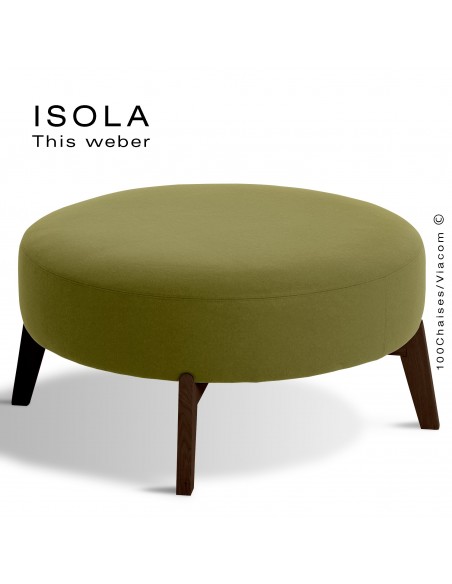 Pouf ISOLA-90, piétement bois teinté wengé, assise garnie habillage tissu vert