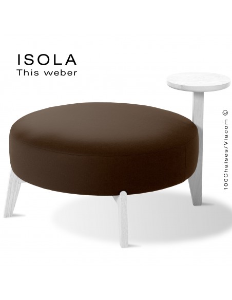 Pouf ISOLA-90/T, piétement bois peint blanc, assise garnie habillage tissu marron