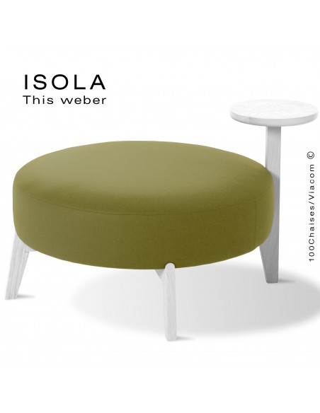 Pouf ISOLA-90/T, piétement bois peint blanc, assise garnie habillage tissu vert
