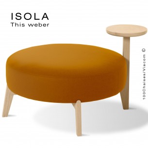 Pouf ISOLA-90/T, piétement bois teinté naturel, assise garnie habillage tissu orange