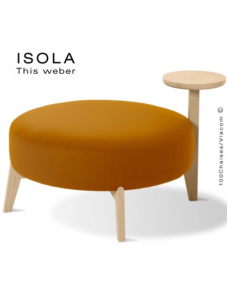 Pouf ISOLA-90/T, piétement bois teinté naturel, assise garnie habillage tissu orange