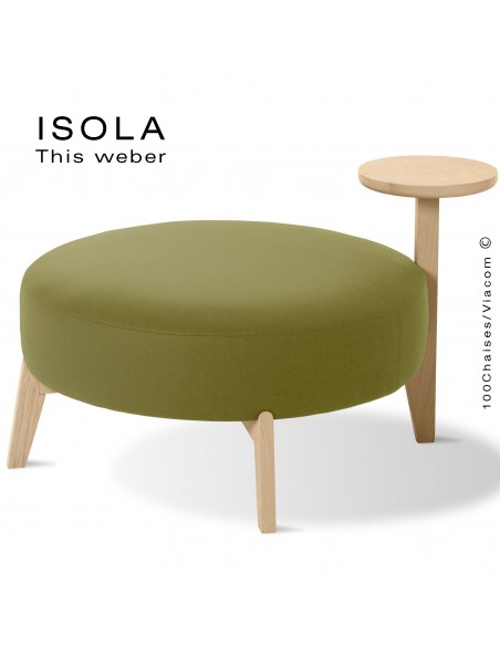 Pouf ISOLA-90/T, piétement bois teinté naturel, assise garnie habillage tissu vert