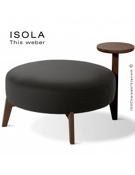 Pouf ISOLA-90/T, piétement bois teinté wengé, assise garnie habillage tissu noir