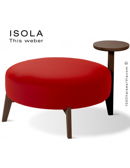 Pouf ISOLA-90/T, piétement bois teinté wengé, assise garnie habillage tissu rouge