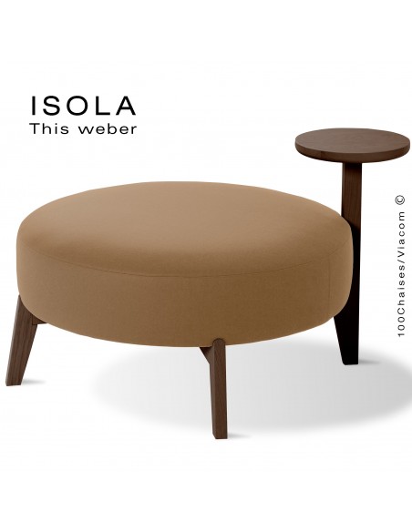 Pouf ISOLA-90/T, piétement bois teinté wengé, assise garnie habillage tissu crème