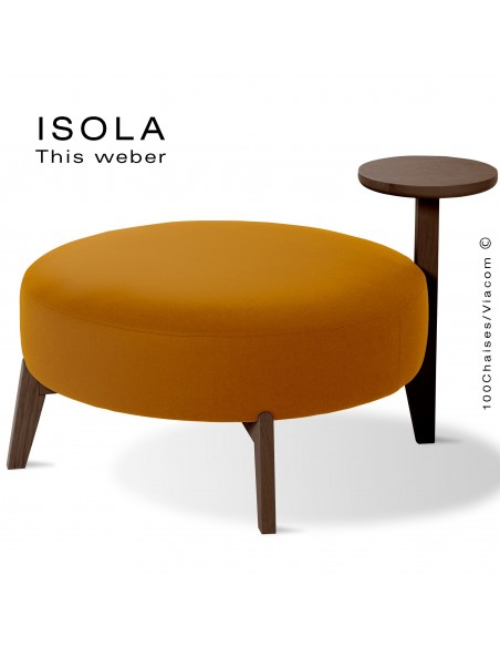 Pouf ISOLA-90/T, piétement bois teinté wengé, assise garnie habillage tissu orange