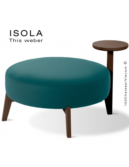Pouf ISOLA-90/T, piétement bois teinté wengé, assise garnie habillage tissu bleu