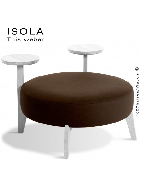 Pouf ISOLA-90/TR, piétement bois peint blanc, assise garnie habillage tissu marron