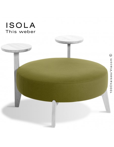 Pouf ISOLA-90/TR, piétement bois peint blanc, assise garnie habillage tissu vert