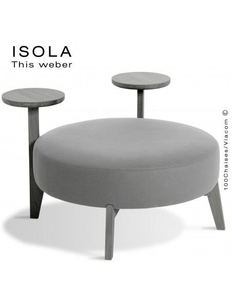 Pouf ISOLA-90/TR, piétement bois peint gris, assise garnie habillage tissu gris