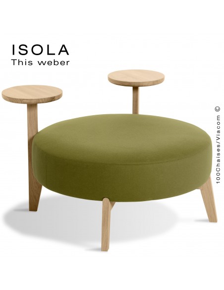 Pouf ISOLA-90/TR, piétement bois teinté naturel, assise garnie habillage tissu vert