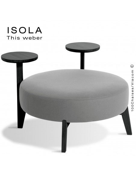 Pouf ISOLA-90/TR, piétement bois peint noir, assise garnie habillage tissu gris