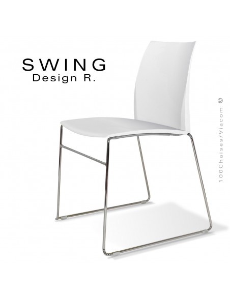 Chaise SWING, piétement type luge, assise coque plastique couleur blanche.