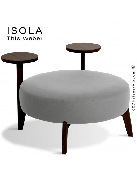 Pouf ISOLA-90/TR, piétement bois teinté wengé, assise garnie habillage tissu gris