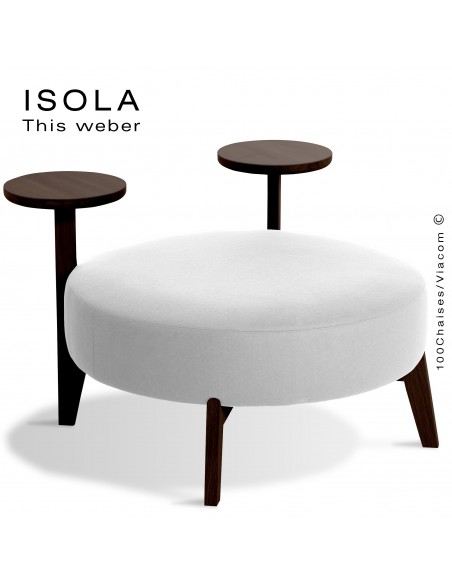 Pouf ISOLA-90/TR, piétement bois teinté wengé, assise garnie habillage tissu blanc