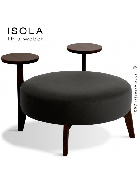 Pouf ISOLA-90/TR, piétement bois teinté wengé, assise garnie habillage tissu noir