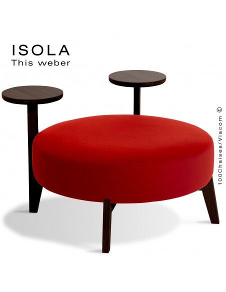 Pouf ISOLA-90/TR, piétement bois teinté wengé, assise garnie habillage tissu rouge