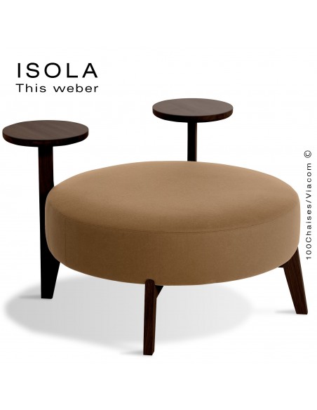 Pouf ISOLA-90/TR, piétement bois teinté wengé, assise garnie habillage tissu crème