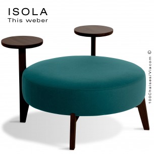 Pouf ISOLA-90/TR, piétement bois teinté wengé, assise garnie habillage tissu bleu