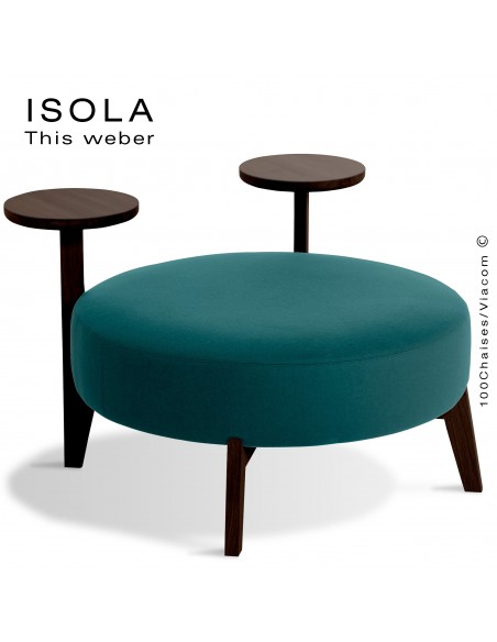 Pouf ISOLA-90/TR, piétement bois teinté wengé, assise garnie habillage tissu bleu