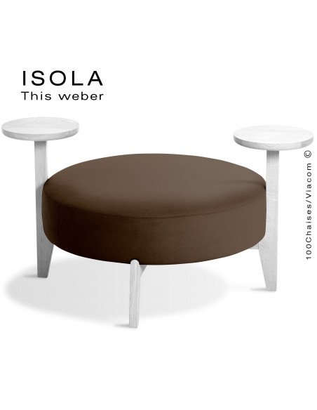 Pouf ISOLA-90/TO, piétement bois peint blanc, assise garnie habillage tissu marron