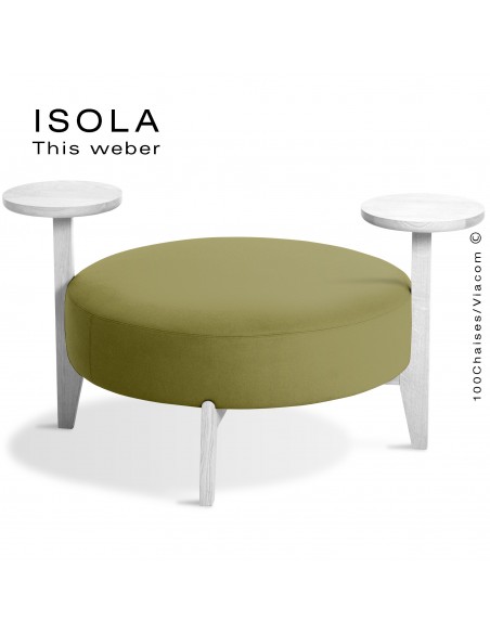 Pouf ISOLA-90/TO, piétement bois peint blanc, assise garnie habillage tissu vert