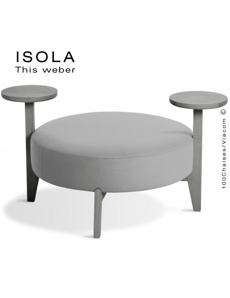 Pouf ISOLA-90/TO, piétement bois peint gris, assise garnie habillage tissu gris
