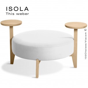 Pouf ISOLA-90/TO, piétement bois teinté naturel, assise garnie habillage tissu blanc