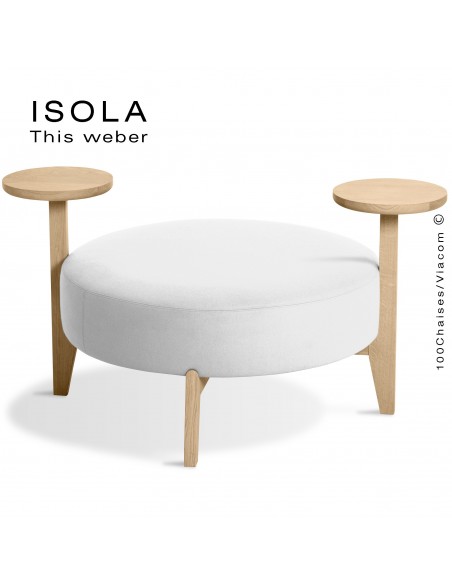 Pouf ISOLA-90/TO, piétement bois teinté naturel, assise garnie habillage tissu blanc