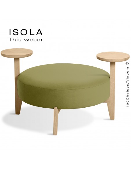 Pouf ISOLA-90/TO, piétement bois teinté naturel, assise garnie habillage tissu vert