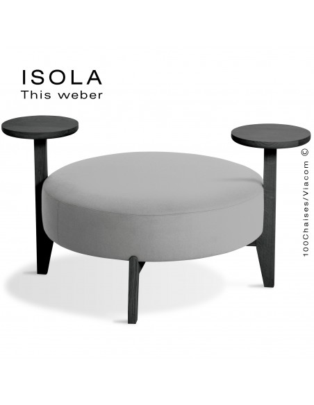 Pouf ISOLA-90/TO, piétement bois peint noir, assise garnie habillage tissu gris