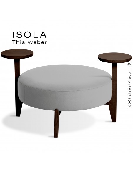 Pouf ISOLA-90/TO, piétement bois teinté wengé, assise garnie habillage tissu gris