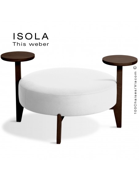 Pouf ISOLA-90/TO, piétement bois teinté wengé, assise garnie habillage tissu blanc