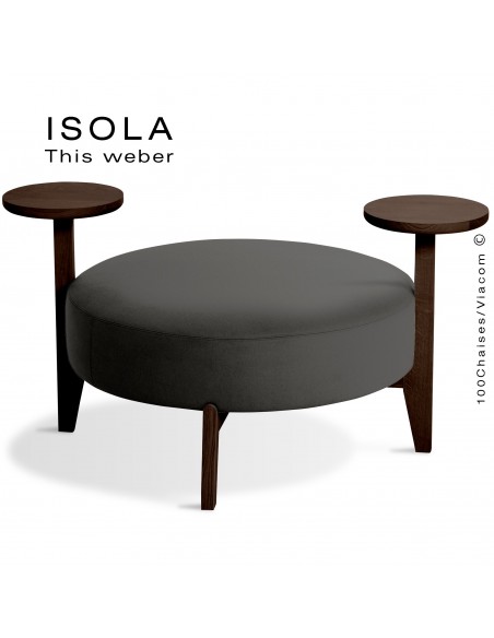 Pouf ISOLA-90/TO, piétement bois teinté wengé, assise garnie habillage tissu noir