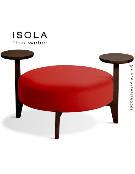 Pouf ISOLA-90/TO, piétement bois teinté wengé, assise garnie habillage tissu rouge