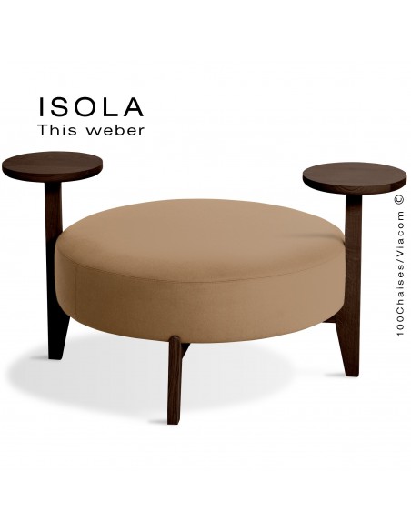 Pouf ISOLA-90/TO, piétement bois teinté wengé, assise garnie habillage tissu crème