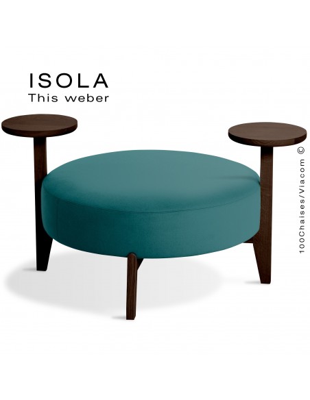Pouf ISOLA-90/TO, piétement bois teinté wengé, assise garnie habillage tissu bleu