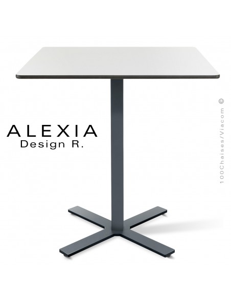 Table ALEXIA piétement colonne centrale acier peint couleur anthracite, plateau Compact 70x70 cm. couleur blanc.