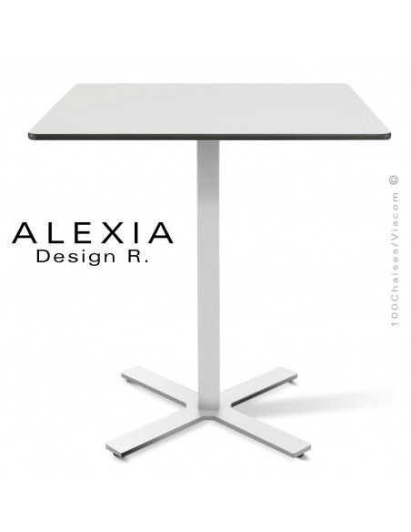 Table ALEXIA piétement colonne centrale acier peint couleur blanc, plateau Compact 70x70 cm. couleur blanche.