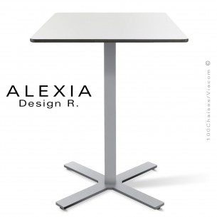 Table ALEXIA piétement colonne centrale acier peint couleur gris-argent, plateau Compact 60x60 cm. couleur blanc.