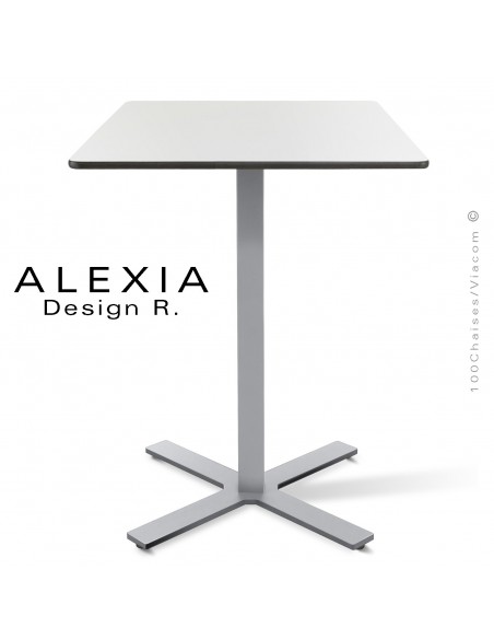 Table ALEXIA piétement colonne centrale acier peint couleur gris-argent, plateau Compact 60x60 cm. couleur blanc.