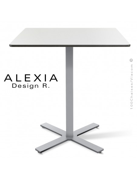 Table ALEXIA piétement colonne centrale acier peint couleur gris-argent, plateau Compact 70x70 cm. couleur blanc.