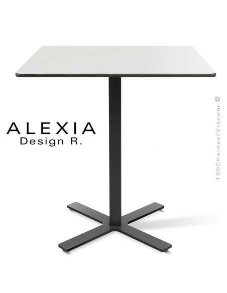Table ALEXIA piétement colonne centrale acier peint couleur noire, plateau Compact 70x70cm. couleur blanche.