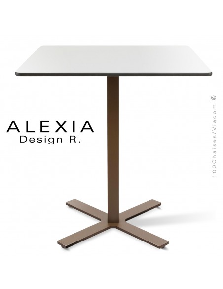 Table ALEXIA piétement colonne centrale acier peint couleur sépia brun, plateau Compact 70x70 cm. couleur blanc.