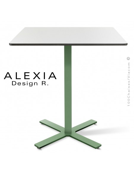 Table ALEXIA piétement colonne centrale acier peint couleur vert pâle, plateau Compact 70x70 cm. couleur blanc.