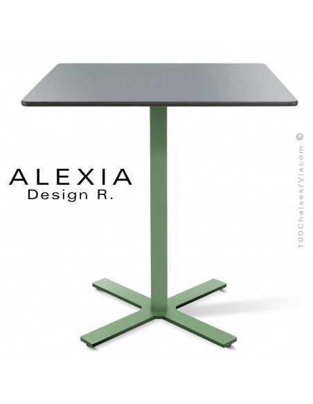 Table ALEXIA piétement colonne centrale acier peint couleur vert pâle, plateau Compact 70x70 cm. couleur gris clair.