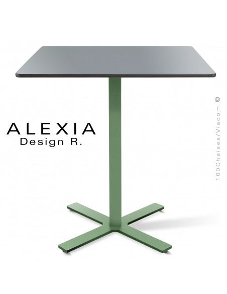 Table ALEXIA piétement colonne centrale acier peint couleur vert pâle, plateau Compact 70x70 cm. couleur gris clair.