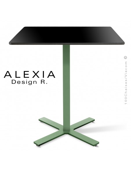 Table ALEXIA piétement colonne centrale acier peint couleur vert pâle, plateau Compact 70x70 cm. couleur noire.